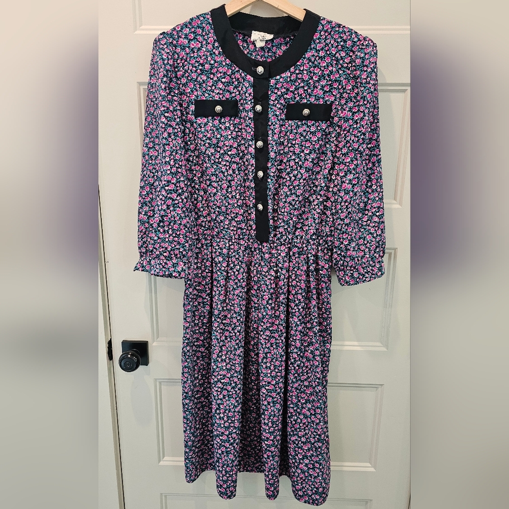Vintage 1980s Silky Floral Three Quarter Sleeve Blouson Dress with Pleated Skirt